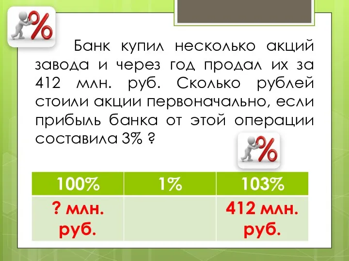 Банк купил несколько акций завода и через год продал их за 412