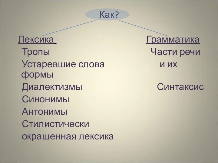 Как? Лексика Грамматика Тропы Части речи Устаревшие слова и их формы Диалектизмы