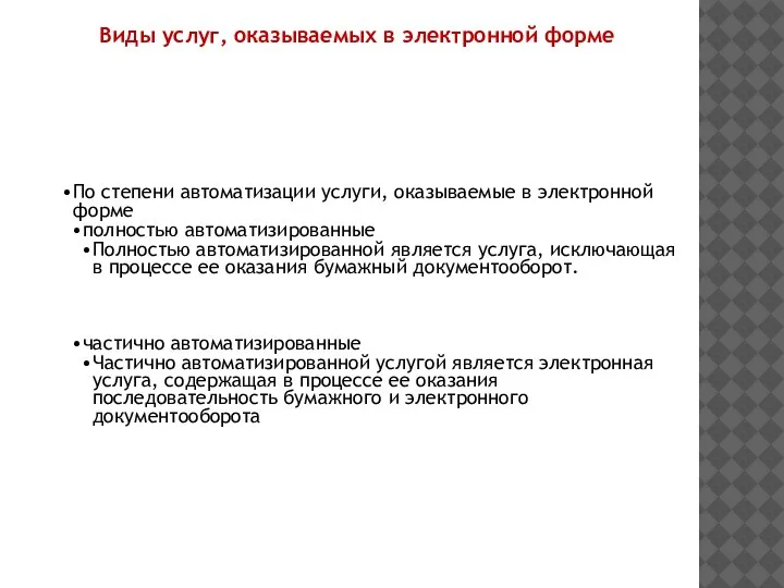 По степени автоматизации услуги, оказываемые в электронной форме полностью автоматизированные Полностью автоматизированной