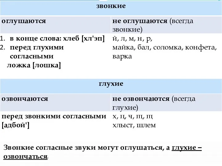 Звонкие согласные звуки могут оглушаться, а глухие – озвончаться: