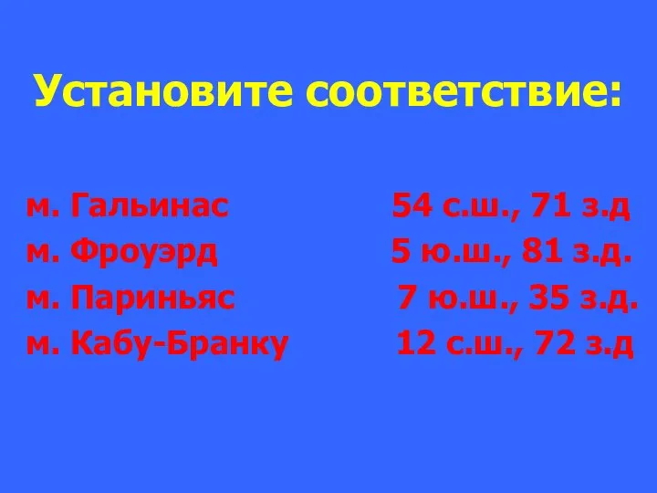 Установите соответствие: м. Гальинас 54 с.ш., 71 з.д м. Фроуэрд 5 ю.ш.,