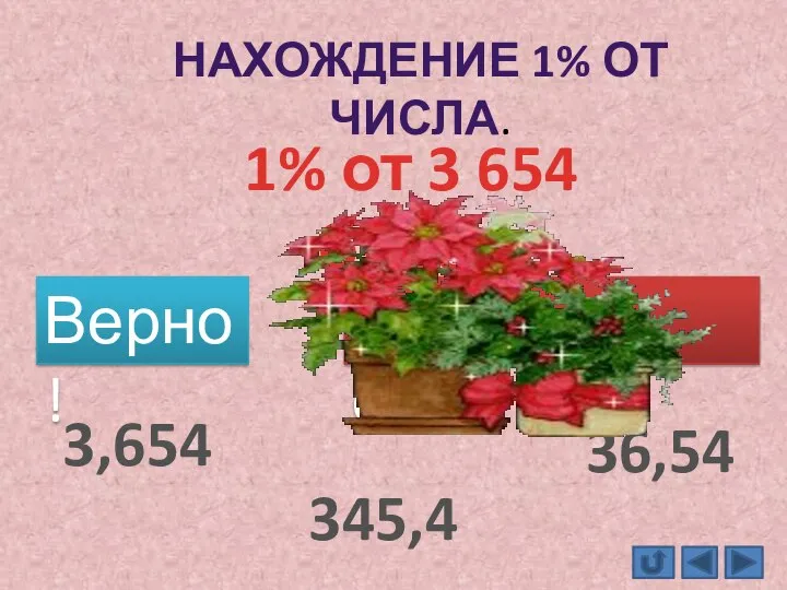 НАХОЖДЕНИЕ 1% ОТ ЧИСЛА. 1% от 3 654 будет Верно! Подумай ещё. 36,54 345,4 3,654