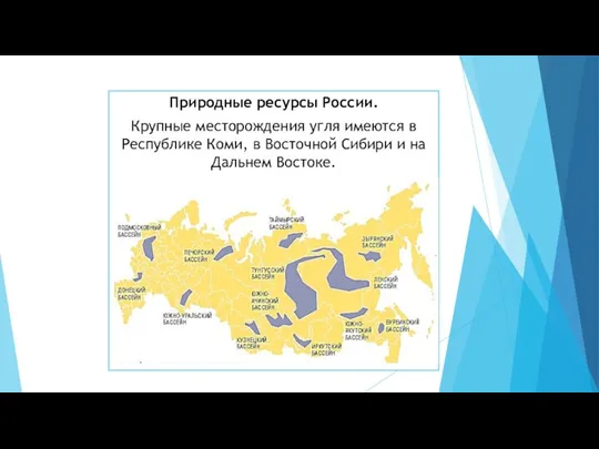 Природные ресурсы России. Крупные месторождения угля имеются в Республике Коми, в Восточной