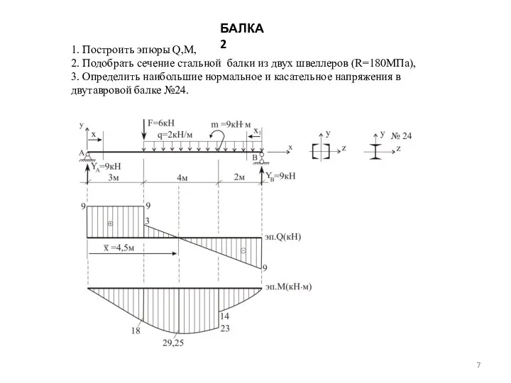 БАЛКА 2 1. Построить эпюры Q,М, 2. Подобрать сечение стальной балки из