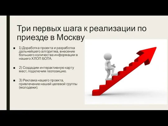 Три первых шага к реализации по приезде в Москву 1) Доработка проекта