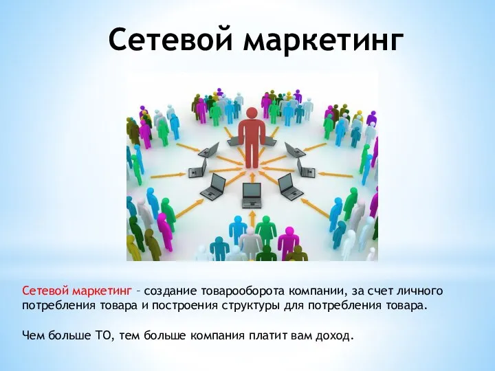 Сетевой маркетинг Сетевой маркетинг – создание товарооборота компании, за счет личного потребления