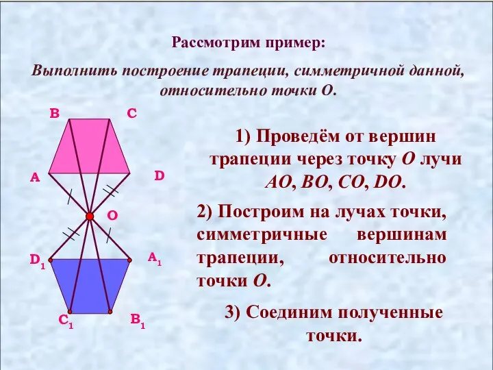 Рассмотрим пример: Выполнить построение трапеции, симметричной данной, относительно точки O. A B