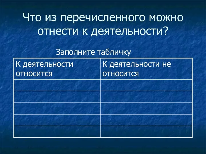 Что из перечисленного можно отнести к деятельности? Заполните табличку