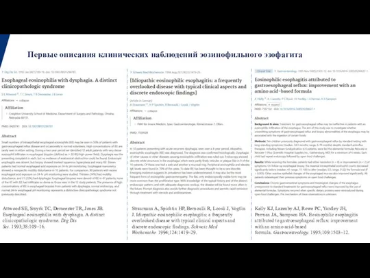 Первые описания клинических наблюдений эозинофильного эзофагита Attwood SE, Smyrk TC, Demeester TR,