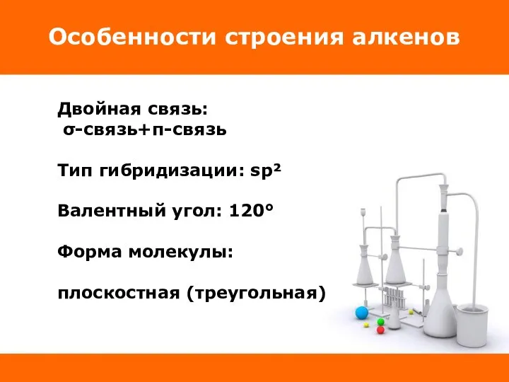 Особенности строения алкенов Двойная связь: σ-связь+π-связь Тип гибридизации: sp² Валентный угол: 120° Форма молекулы: плоскостная (треугольная)