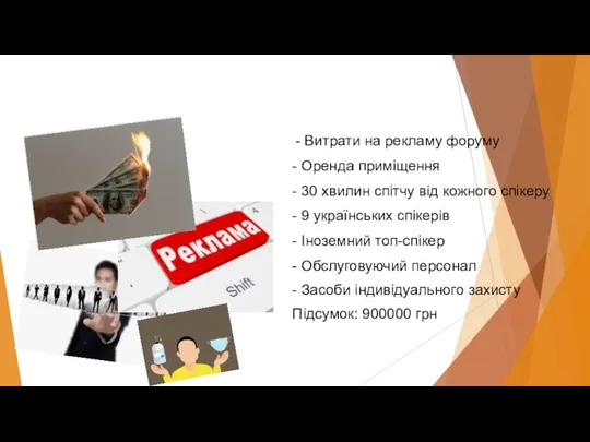 - Витрати на рекламу форуму - Оренда приміщення - 30 хвилин спітчу