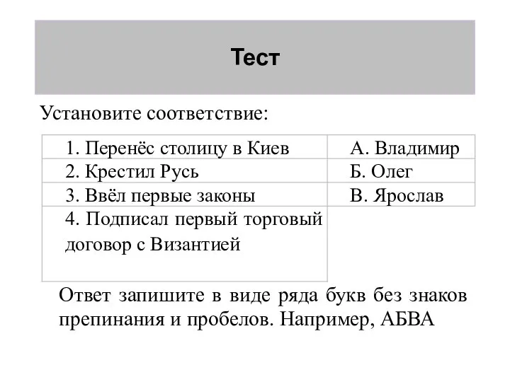 Тест Установите соответствие: Ответ запишите в виде ряда букв без знаков препинания и пробелов. Например, АБВА