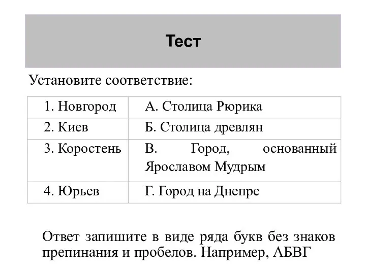 Тест Установите соответствие: Ответ запишите в виде ряда букв без знаков препинания и пробелов. Например, АБВГ