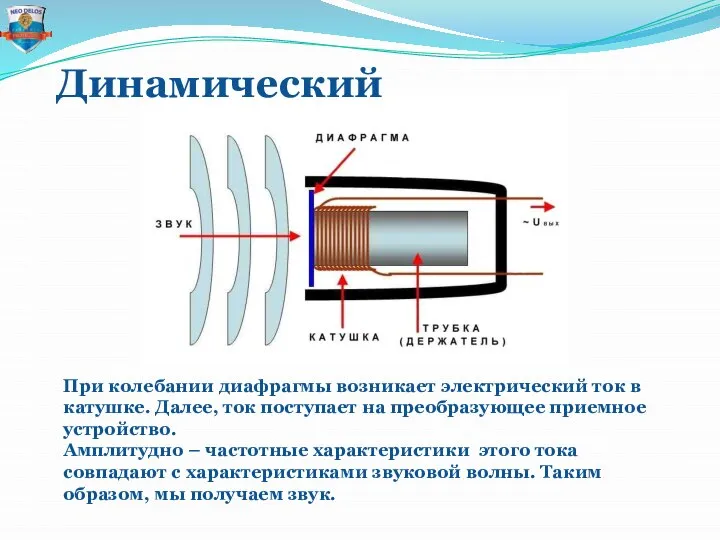 Динамический При колебании диафрагмы возникает электрический ток в катушке. Далее, ток поступает
