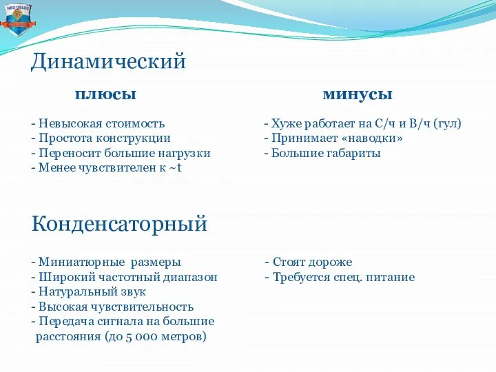 Динамический Конденсаторный Невысокая стоимость Простота конструкции Переносит большие нагрузки Менее чувствителен к