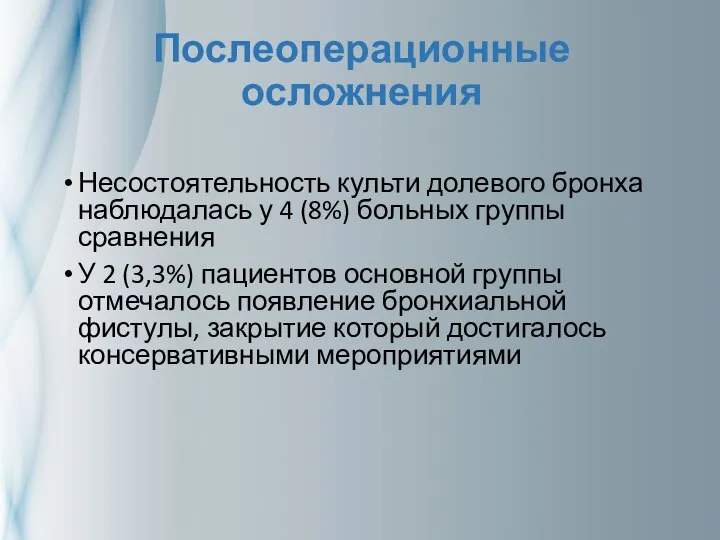 Послеоперационные осложнения Несостоятельность культи долевого бронха наблюдалась у 4 (8%) больных группы