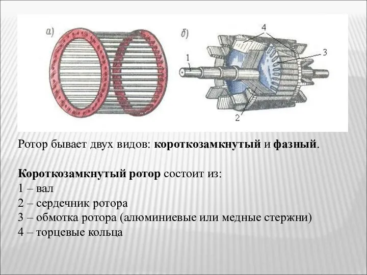 Ротор бывает двух видов: короткозамкнутый и фазный. Короткозамкнутый ротор состоит из: 1