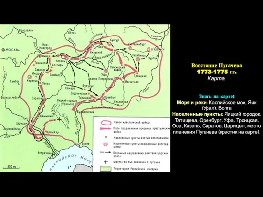 Восстание Пугачева 1773-1775 гг. Карта. Знать на карте: Моря и реки: Каспийское