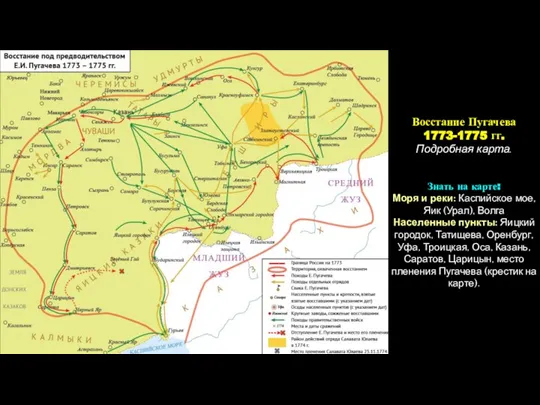 Восстание Пугачева 1773-1775 гг. Подробная карта. Знать на карте: Моря и реки: