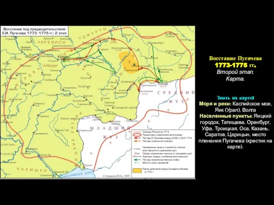Восстание Пугачева 1773-1775 гг. Второй этап. Карта. Знать на карте: Моря и