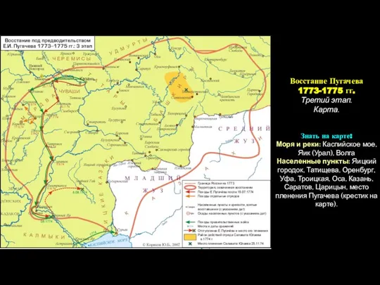Восстание Пугачева 1773-1775 гг. Третий этап. Карта. Знать на карте: Моря и