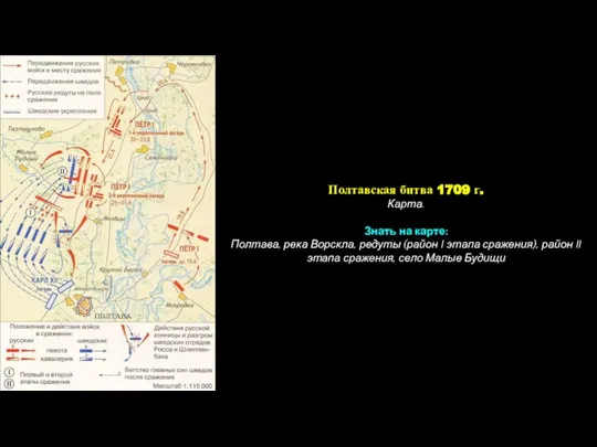 Полтавская битва 1709 г. Карта. Знать на карте: Полтава, река Ворскла, редуты