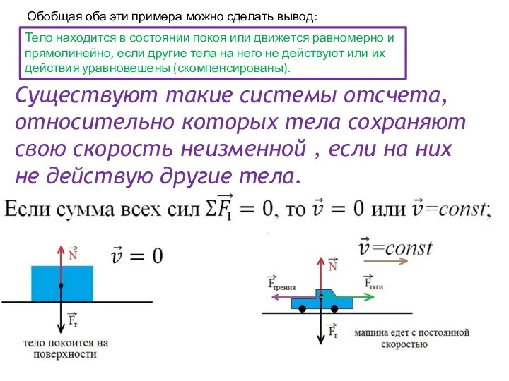 Обобщая оба эти примера можно сделать вывод: Тело находится в состоянии покоя