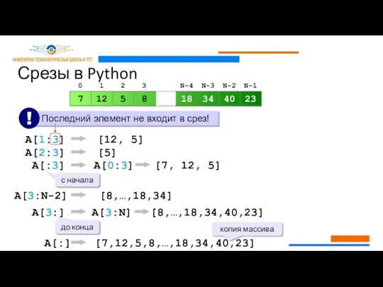 Срезы в Python A[1:3] [12, 5] A[2:3] [5] A[:3] [7, 12, 5]