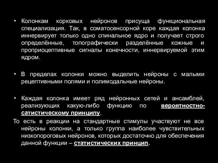 Колонкам корковых нейронов присуща функциональная специализация. Так, в соматосенсорной коре каждая колонка