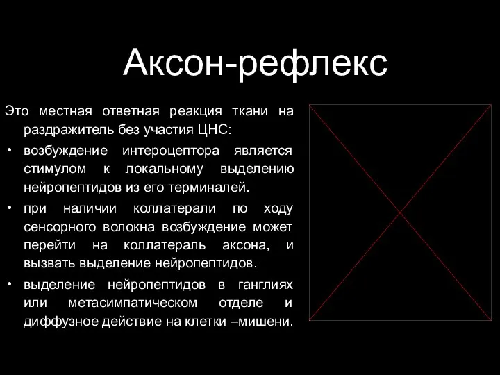 Аксон-рефлекс Это местная ответная реакция ткани на раздражитель без участия ЦНС: возбуждение