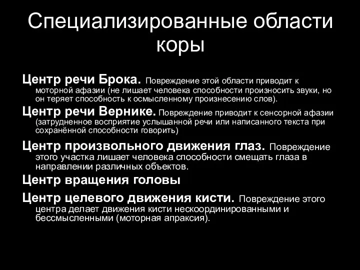 Специализированные области коры Центр речи Брока. Повреждение этой области приводит к моторной