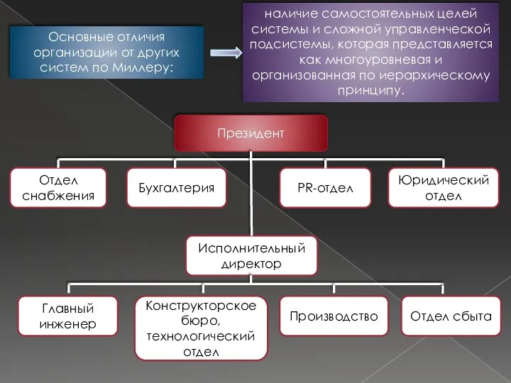 Основные отличия организации от других систем по Миллеру: наличие самостоятельных целей системы