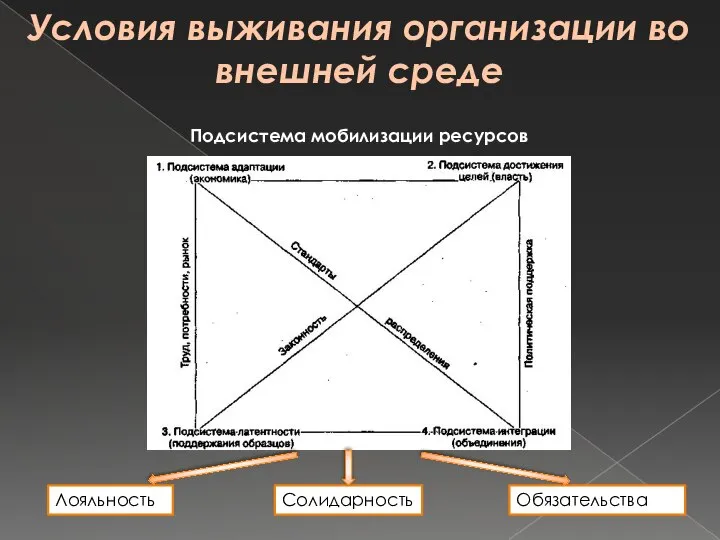 Условия выживания организации во внешней среде Подсистема мобилизации ресурсов Лояльность Солидарность Обязательства