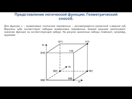 Представление логической функции. Геометрический способ. Для функции n – независимых логических переменных