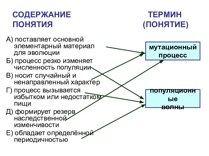 СОДЕРЖАНИЕ ТЕРМИН ПОНЯТИЯ (ПОНЯТИЕ) А) поставляет основной элементарный материал для эволюции Б)