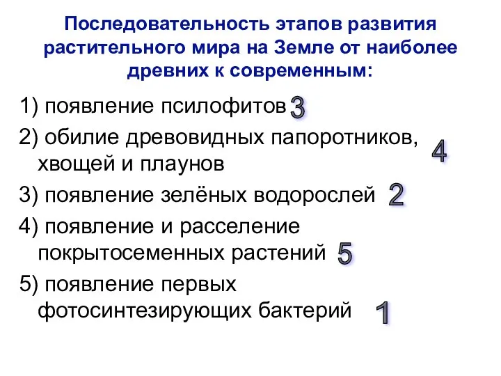 Последовательность этапов развития растительного мира на Земле от наиболее древних к современным: