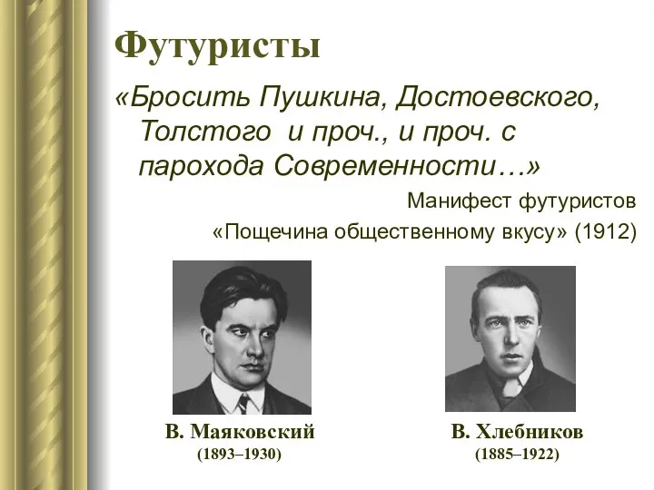 Футуристы «Бросить Пушкина, Достоевского, Толстого и проч., и проч. с парохода Современности…»