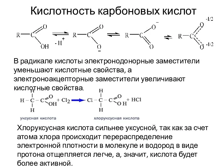 В радикале кислоты электронодонорные заместители уменьшают кислотные свойства, а электроноакцепторные заместители увеличивают