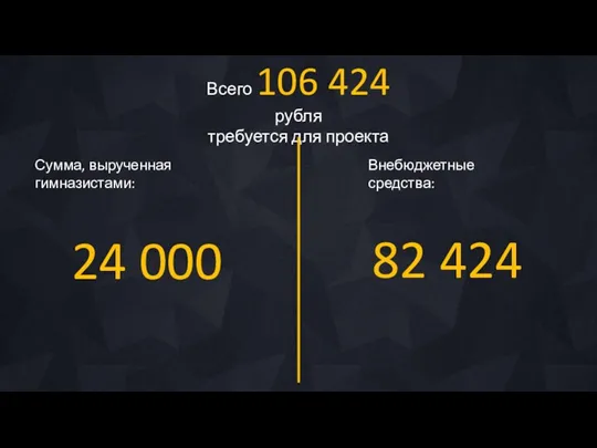 Всего 106 424 рубля требуется для проекта Сумма, вырученная гимназистами: Внебюджетные средства: 24 000 82 424