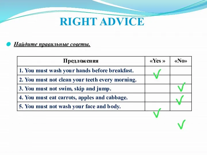 RIGHT ADVICE Найдите правильные советы.