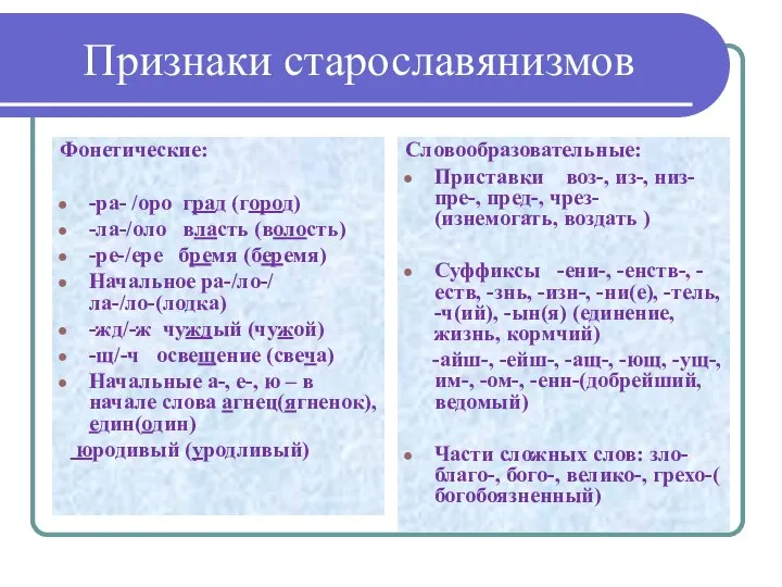 Признаки старославянизмов Фонетические: -ра- /оро град (город) -ла-/оло власть (волость) -ре-/ере бремя