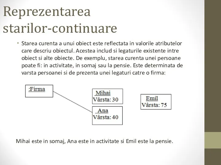 Reprezentarea starilor-continuare Starea curenta a unui obiect este reflectata in valorile atributelor