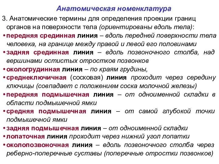 Анатомическая номенклатура 3. Анатомические термины для определения проекции границ органов на поверхности