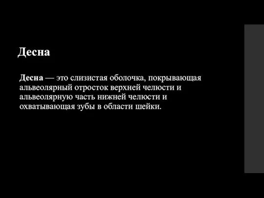 Десна — это слизистая оболочка, покрывающая альвеолярный отросток верхней челюсти и альвеолярную