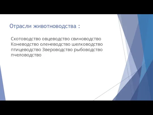 Отрасли животноводства : Скотоводство овцеводство свиноводство Коневодство оленеводство шелководство птицеводство Звероводство рыбоводство пчеловодство