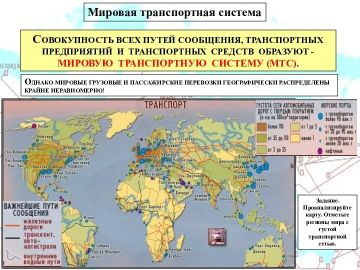 Мировая транспортная система СОВОКУПНОСТЬ ВСЕХ ПУТЕЙ СООБЩЕНИЯ, ТРАНСПОРТНЫХ ПРЕДПРИЯТИЙ И ТРАНСПОРТНЫХ СРЕДСТВ