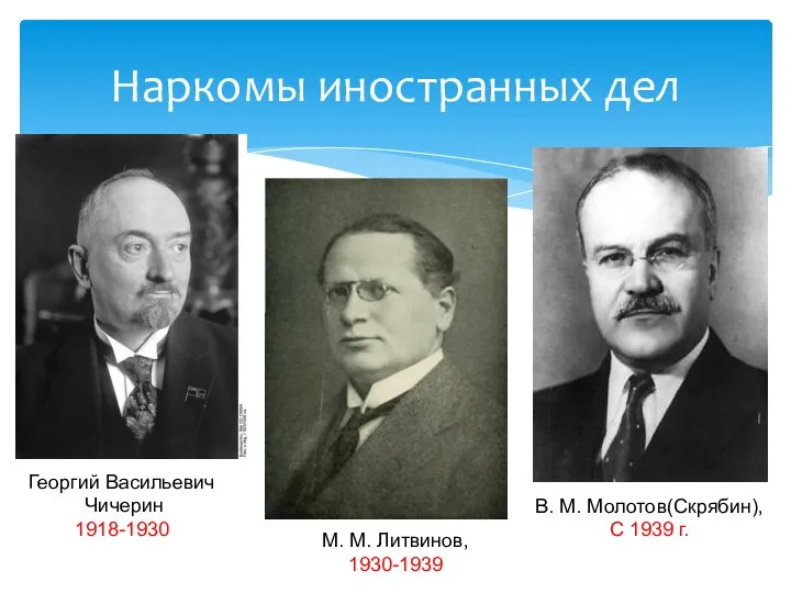 Наркомы иностранных дел Георгий Васильевич Чичерин 1918-1930 М. М. Литвинов, 1930-1939 В.