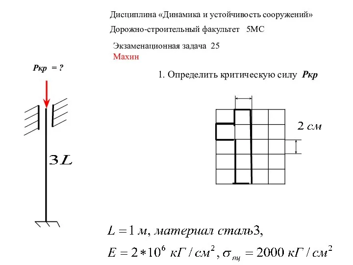 Дисциплина «Динамика и устойчивость сооружений» Дорожно-строительный факультет 5МС Экзаменационная задача 25 Махин