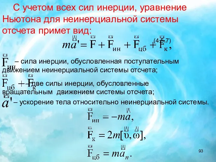 С учетом всех сил инерции, уравнение Ньютона для неинерциальной системы отсчета примет