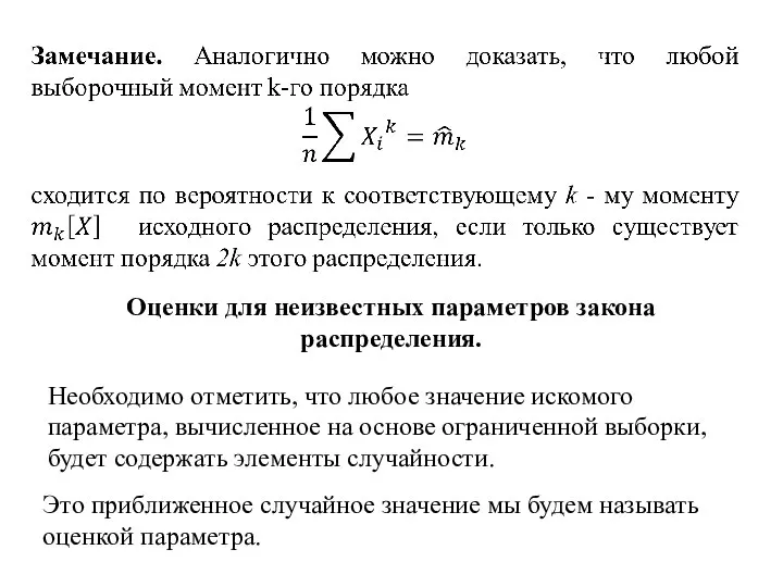 Оценки для неизвестных параметров закона распределения. Необходимо отметить, что любое значение искомого